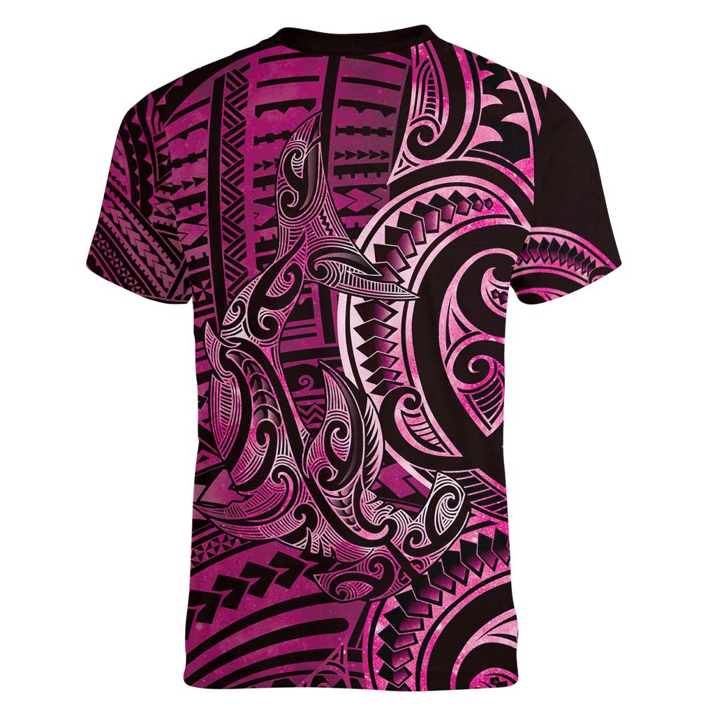 New Zealand Hammerhead Shark Women V-Neck T-Shirt Maori Haehae Mangopare Pink LT14 - Polynesian Pride