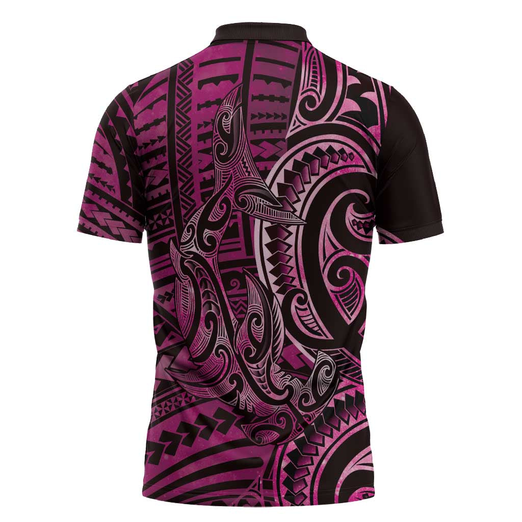 New Zealand Hammerhead Shark Zipper Polo Shirt Maori Haehae Mangopare Pink LT14 - Polynesian Pride