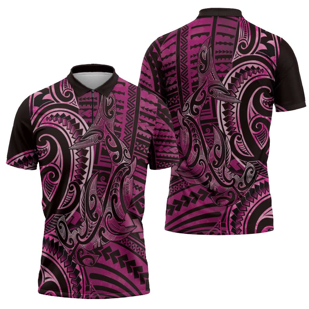 New Zealand Hammerhead Shark Zipper Polo Shirt Maori Haehae Mangopare Pink LT14 - Polynesian Pride