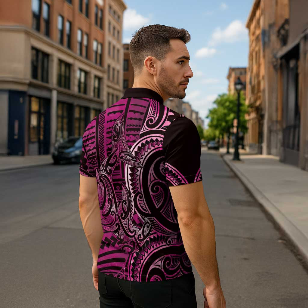 New Zealand Hammerhead Shark Zipper Polo Shirt Maori Haehae Mangopare Pink LT14 - Polynesian Pride
