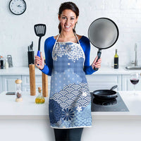 Blue Palaka Japanese Patterns Apron Asanoha Seigaiha Sakura Motif - Polynesian Pride