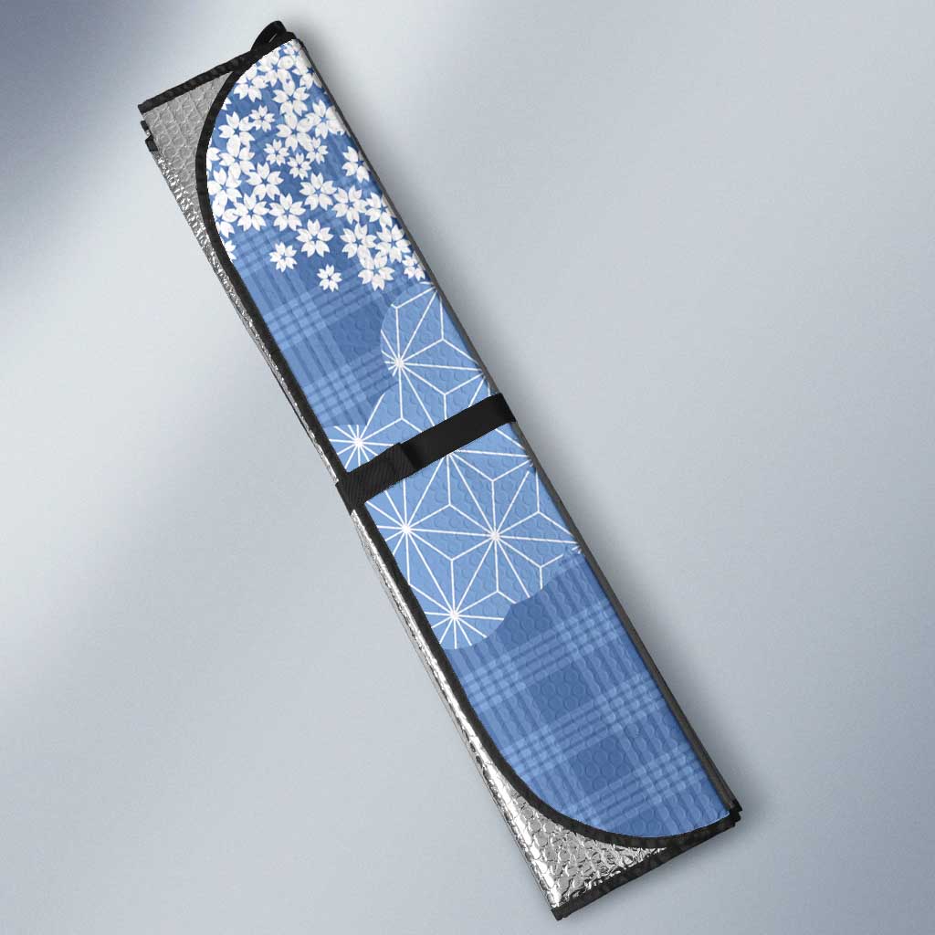Blue Palaka Japanese Patterns Auto Sun Shade Asanoha Seigaiha Sakura Motif LT14 - Polynesian Pride