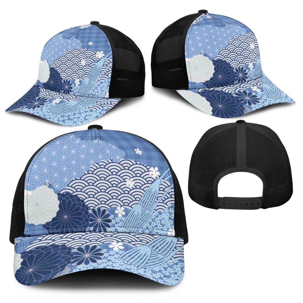 Blue Japanese Traditional Motifs Baseball Net Cap Palaka With Asanoha Seigaiha Sakura - Polynesian Pride