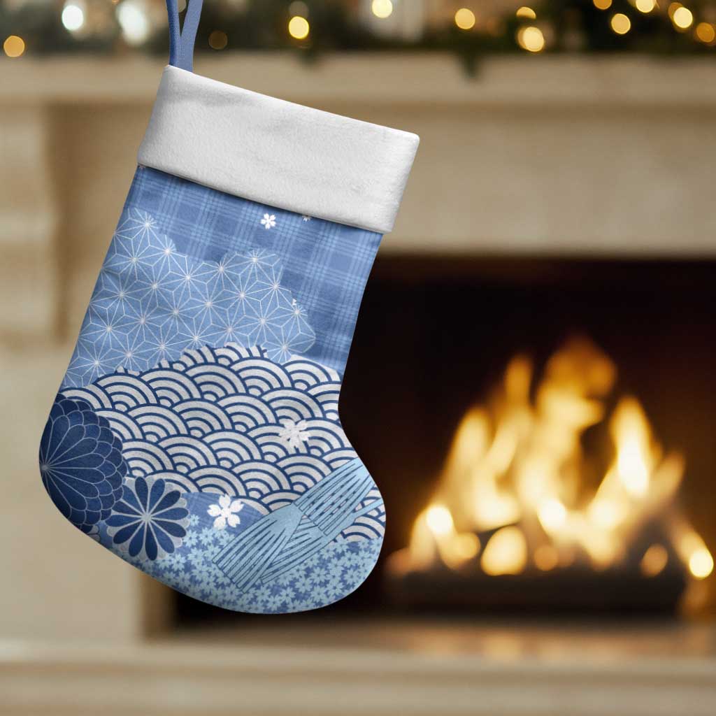 Blue Palaka Japanese Patterns Christmas Stocking Asanoha Seigaiha Sakura Motif - Polynesian Pride