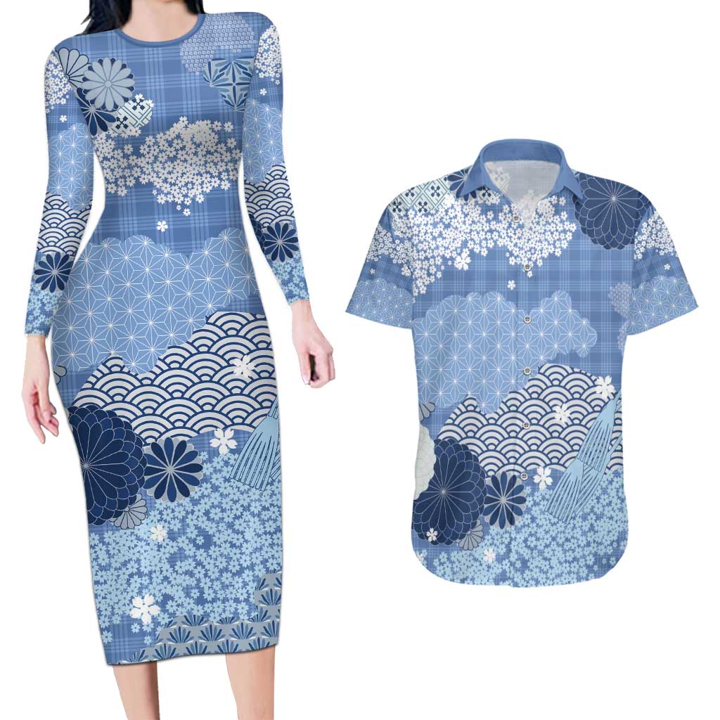 Blue Palaka Japanese Patterns Couples Matching Long Sleeve Bodycon Dress and Hawaiian Shirt Asanoha Seigaiha Sakura Motif LT14 Blue - Polynesian Pride