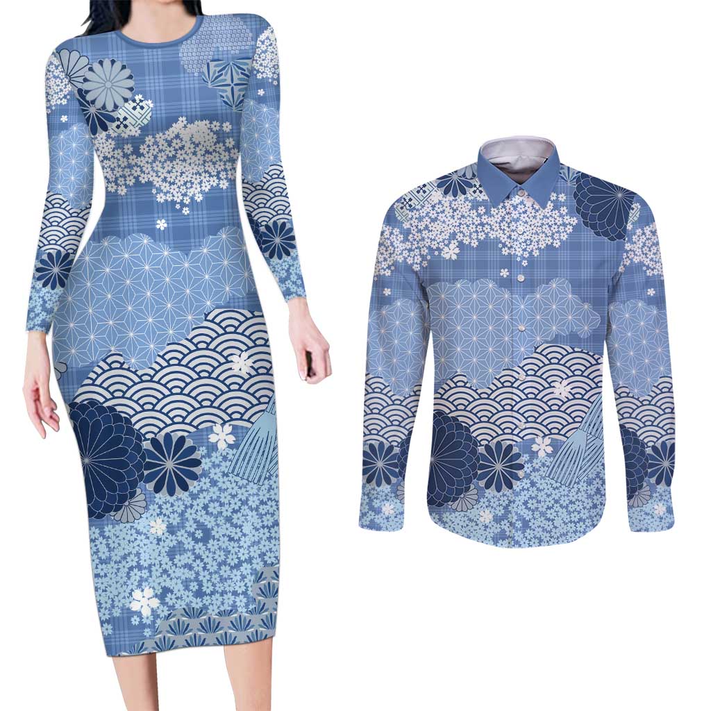 Blue Palaka Japanese Patterns Couples Matching Long Sleeve Bodycon Dress and Long Sleeve Button Shirt Asanoha Seigaiha Sakura Motif LT14 Blue - Polynesian Pride