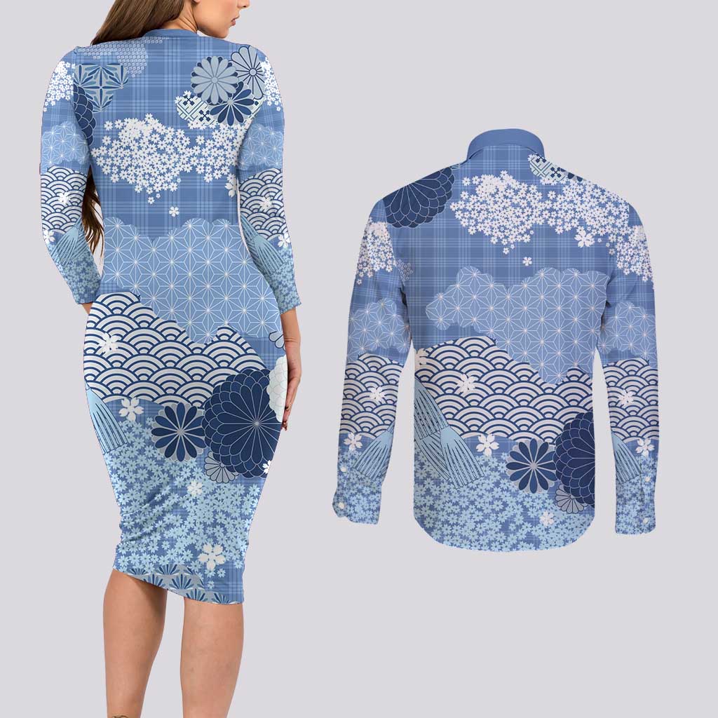 Blue Palaka Japanese Patterns Couples Matching Long Sleeve Bodycon Dress and Long Sleeve Button Shirt Asanoha Seigaiha Sakura Motif LT14 - Polynesian Pride