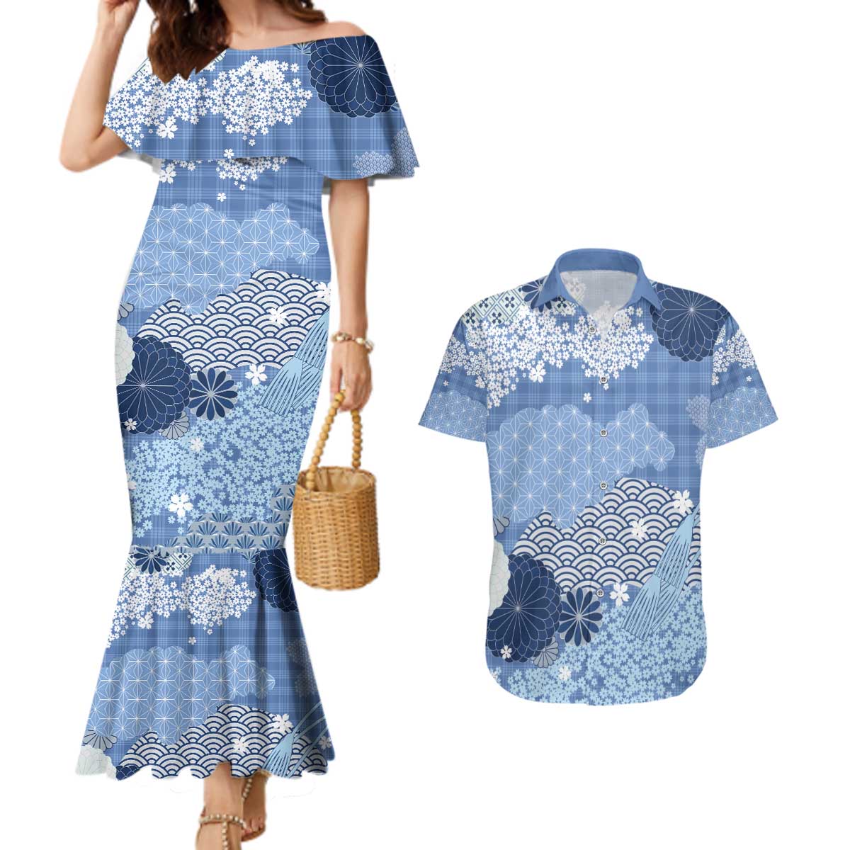 Blue Palaka Japanese Patterns Couples Matching Mermaid Dress and Hawaiian Shirt Asanoha Seigaiha Sakura Motif LT14 Blue - Polynesian Pride