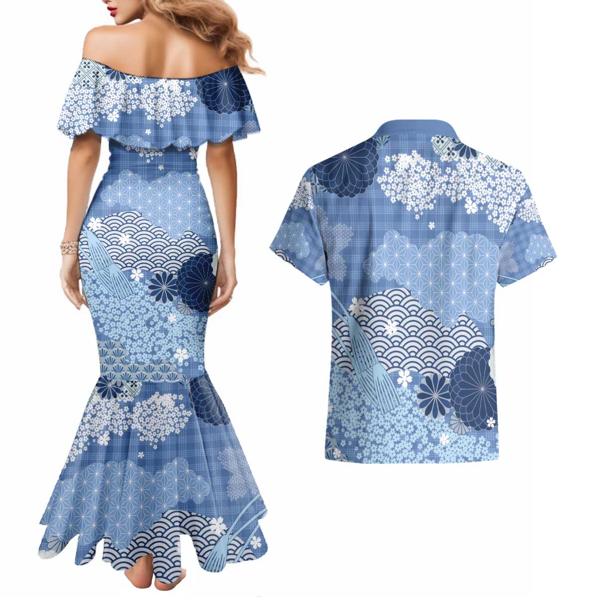 Blue Palaka Japanese Patterns Couples Matching Mermaid Dress and Hawaiian Shirt Asanoha Seigaiha Sakura Motif LT14 - Polynesian Pride