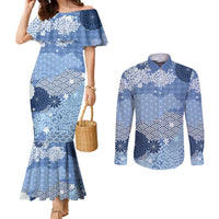 Blue Palaka Japanese Patterns Couples Matching Mermaid Dress and Long Sleeve Button Shirt Asanoha Seigaiha Sakura Motif LT14 Blue - Polynesian Pride