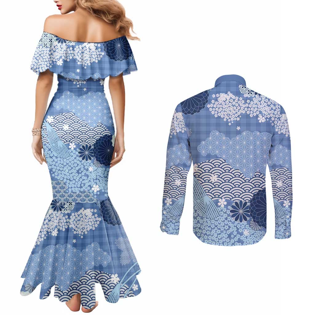 Blue Palaka Japanese Patterns Couples Matching Mermaid Dress and Long Sleeve Button Shirt Asanoha Seigaiha Sakura Motif LT14 - Polynesian Pride