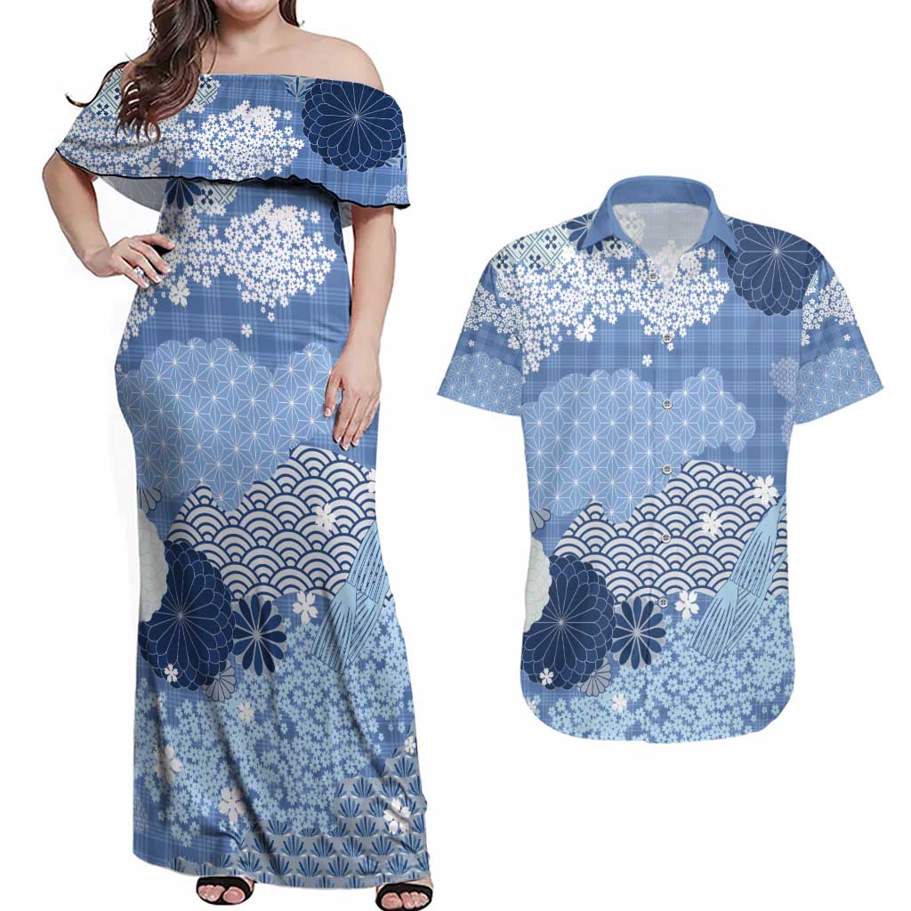 Blue Palaka Japanese Patterns Couples Matching Off Shoulder Maxi Dress and Hawaiian Shirt Asanoha Seigaiha Sakura Motif LT14 Blue - Polynesian Pride