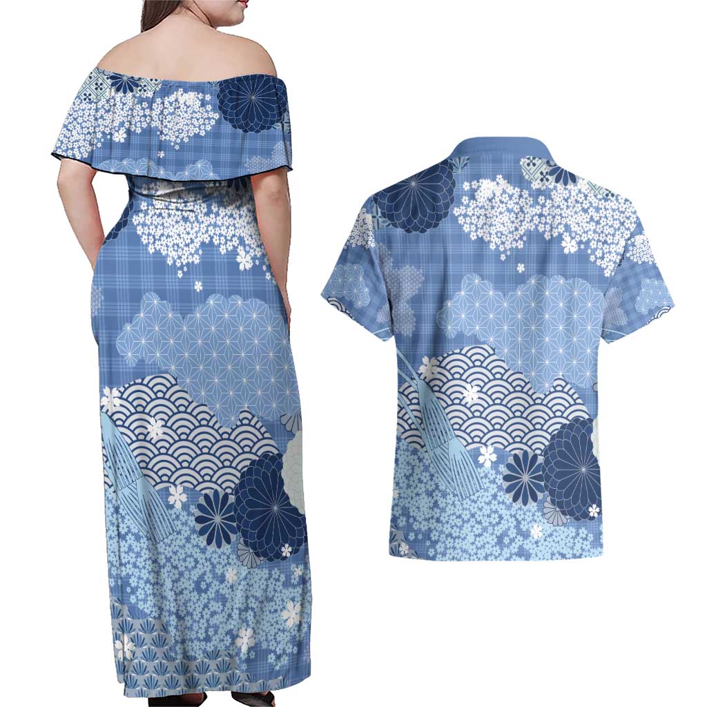 Blue Palaka Japanese Patterns Couples Matching Off Shoulder Maxi Dress and Hawaiian Shirt Asanoha Seigaiha Sakura Motif LT14 - Polynesian Pride