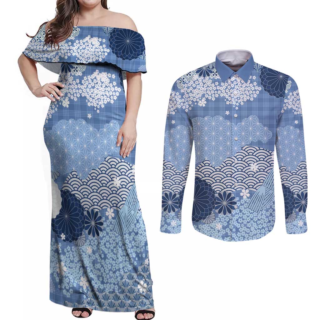 Blue Palaka Japanese Patterns Couples Matching Off Shoulder Maxi Dress and Long Sleeve Button Shirt Asanoha Seigaiha Sakura Motif LT14 Blue - Polynesian Pride