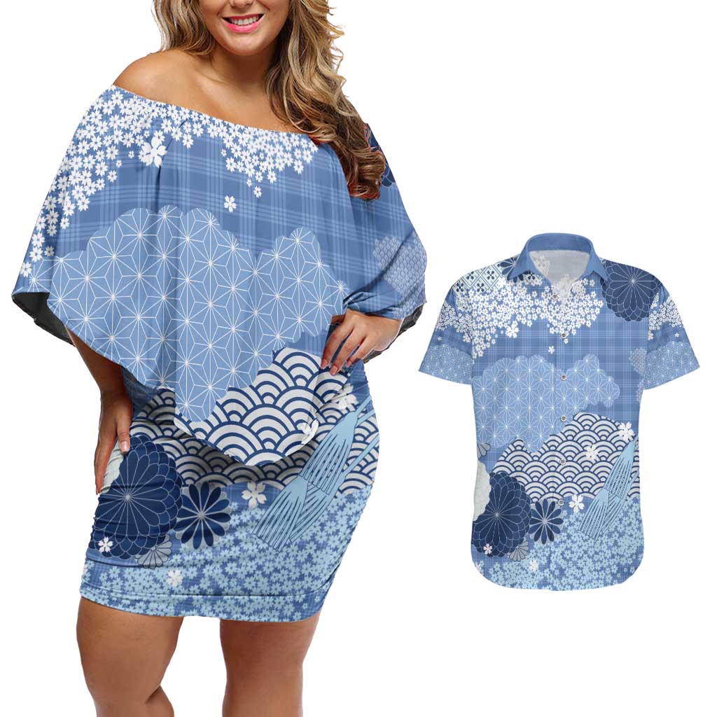 Blue Palaka Japanese Patterns Couples Matching Off Shoulder Short Dress and Hawaiian Shirt Asanoha Seigaiha Sakura Motif LT14 Blue - Polynesian Pride