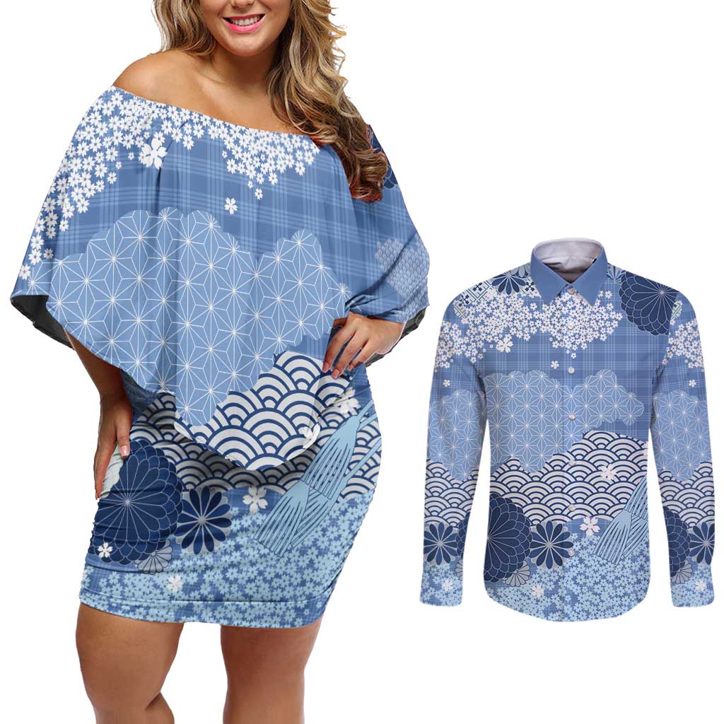 Blue Palaka Japanese Patterns Couples Matching Off Shoulder Short Dress and Long Sleeve Button Shirt Asanoha Seigaiha Sakura Motif LT14 Blue - Polynesian Pride
