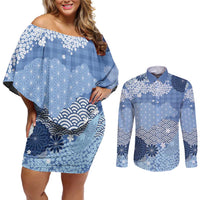 Blue Palaka Japanese Patterns Couples Matching Off Shoulder Short Dress and Long Sleeve Button Shirt Asanoha Seigaiha Sakura Motif LT14 Blue - Polynesian Pride