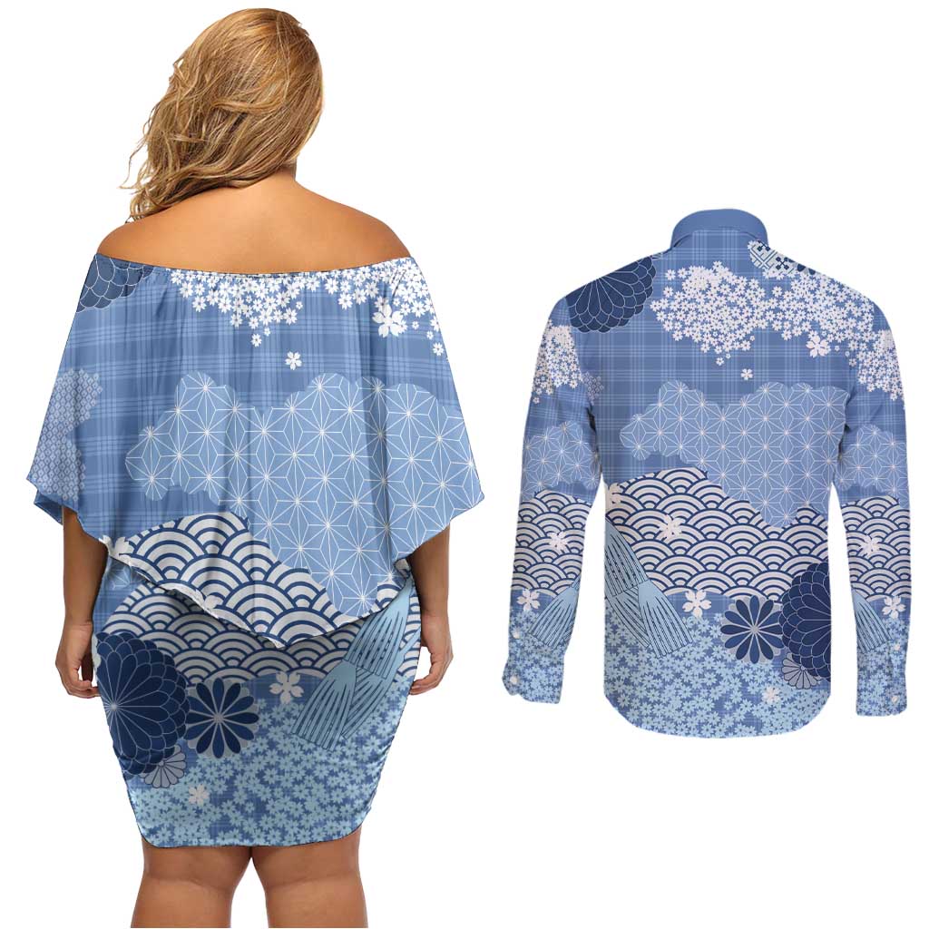 Blue Palaka Japanese Patterns Couples Matching Off Shoulder Short Dress and Long Sleeve Button Shirt Asanoha Seigaiha Sakura Motif LT14 - Polynesian Pride
