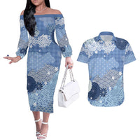 Blue Palaka Japanese Patterns Couples Matching Off The Shoulder Long Sleeve Dress and Hawaiian Shirt Asanoha Seigaiha Sakura Motif LT14 Blue - Polynesian Pride