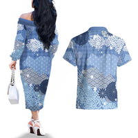 Blue Palaka Japanese Patterns Couples Matching Off The Shoulder Long Sleeve Dress and Hawaiian Shirt Asanoha Seigaiha Sakura Motif LT14 - Polynesian Pride