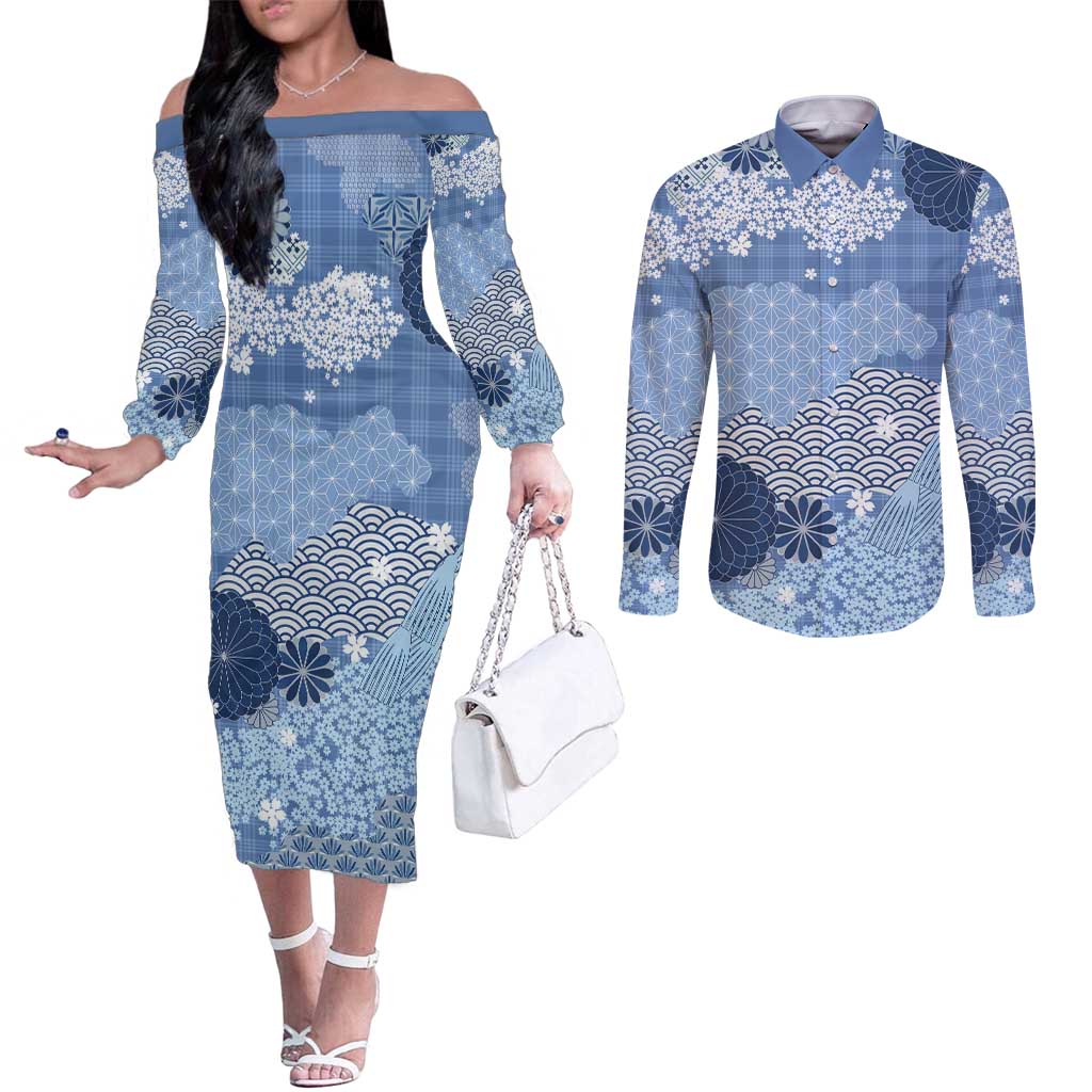 Blue Palaka Japanese Patterns Couples Matching Off The Shoulder Long Sleeve Dress and Long Sleeve Button Shirt Asanoha Seigaiha Sakura Motif LT14 Blue - Polynesian Pride