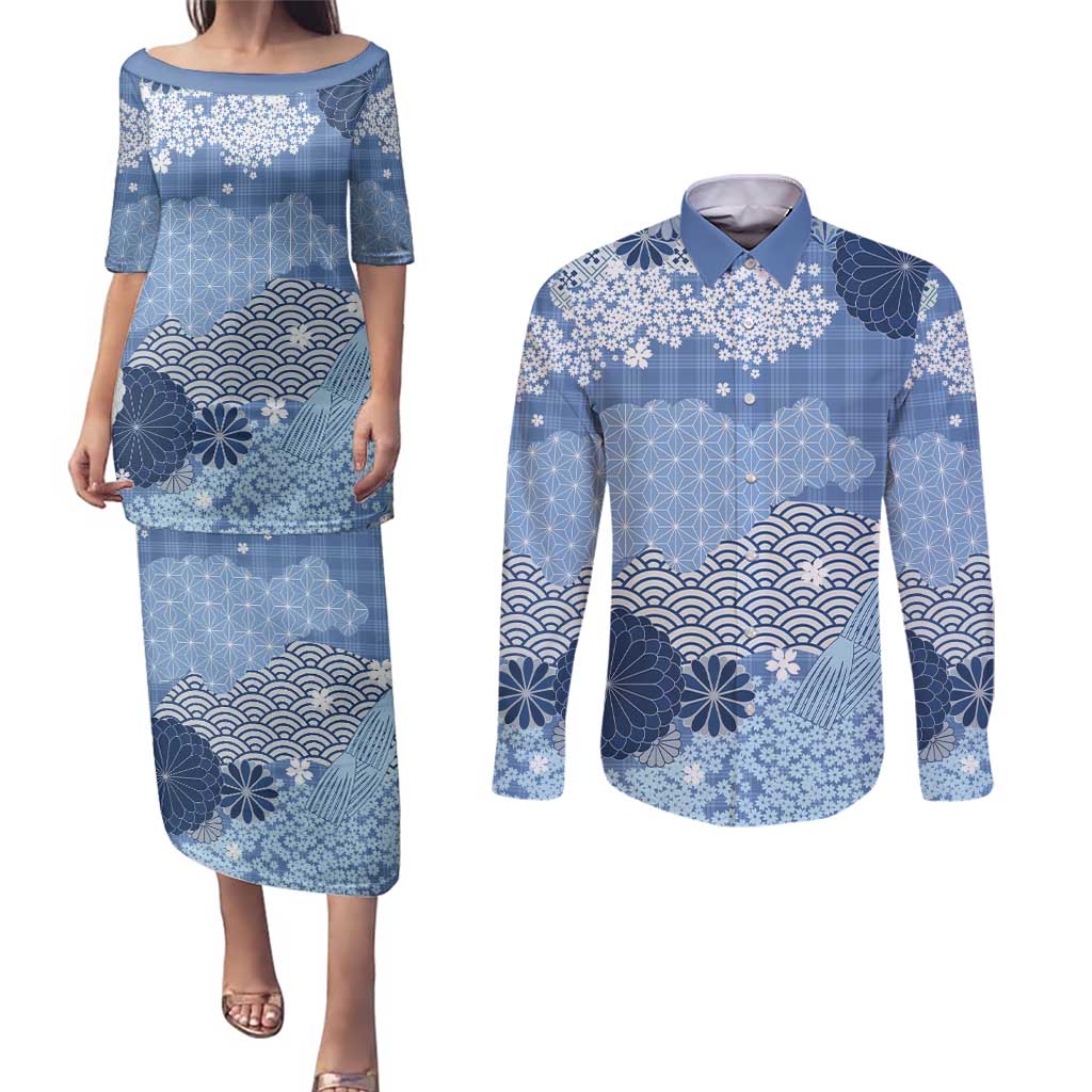 Blue Palaka Japanese Patterns Couples Matching Puletasi and Long Sleeve Button Shirt Asanoha Seigaiha Sakura Motif LT14 Blue - Polynesian Pride