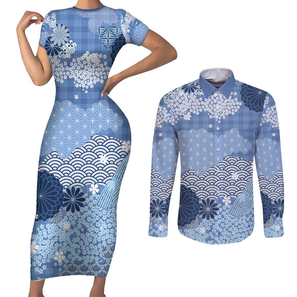 Blue Palaka Japanese Patterns Couples Matching Short Sleeve Bodycon Dress and Long Sleeve Button Shirt Asanoha Seigaiha Sakura Motif LT14 Blue - Polynesian Pride