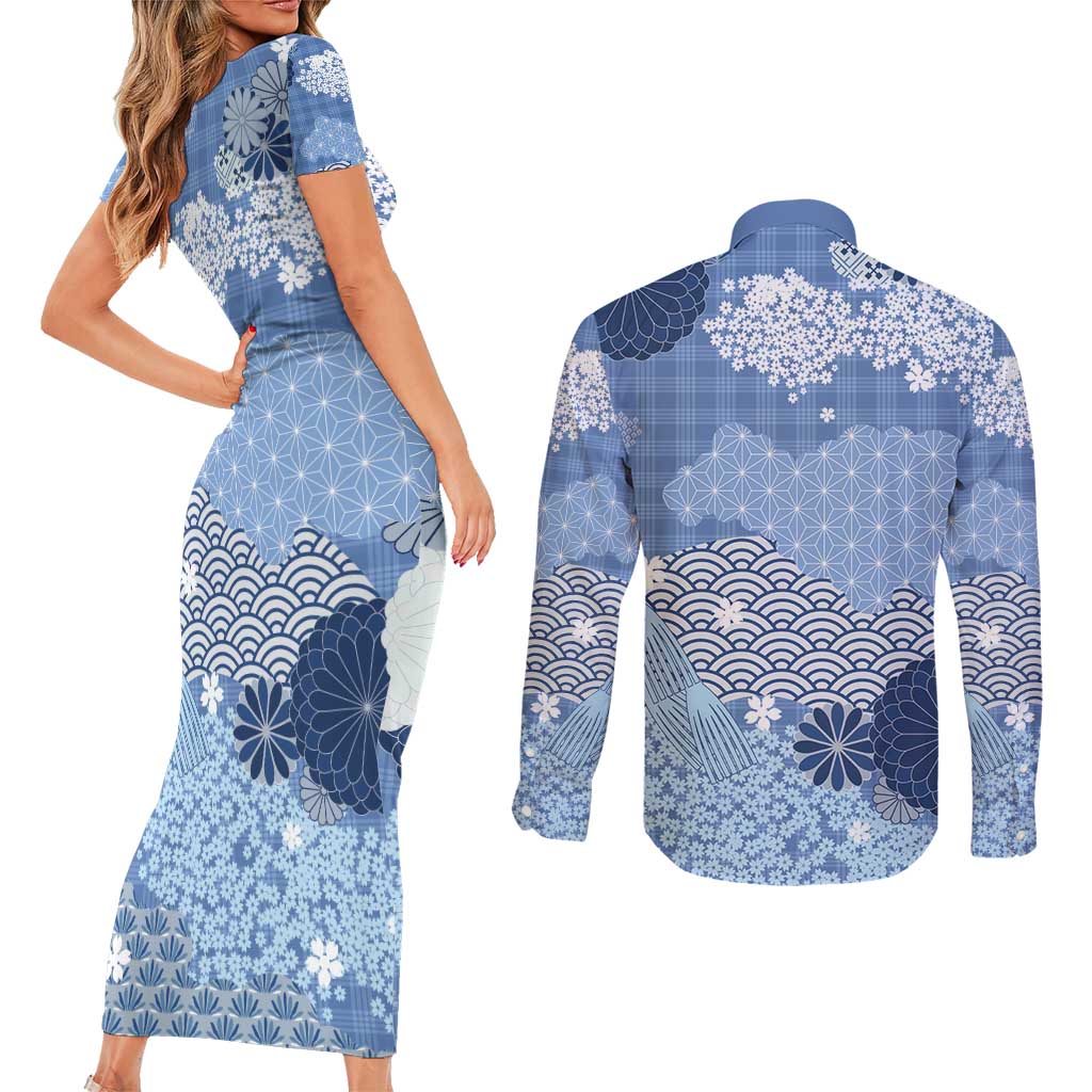 Blue Palaka Japanese Patterns Couples Matching Short Sleeve Bodycon Dress and Long Sleeve Button Shirt Asanoha Seigaiha Sakura Motif LT14 - Polynesian Pride