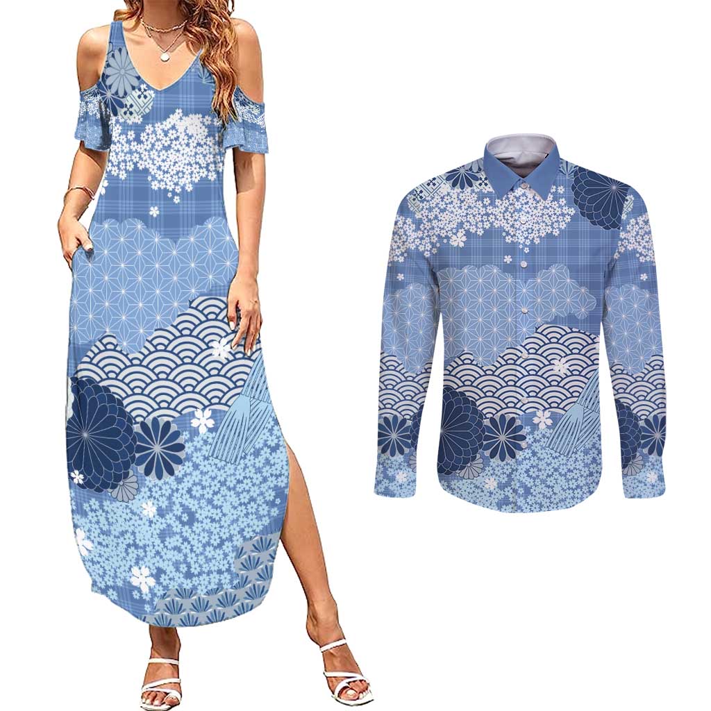 Blue Palaka Japanese Patterns Couples Matching Summer Maxi Dress and Long Sleeve Button Shirt Asanoha Seigaiha Sakura Motif LT14 Blue - Polynesian Pride
