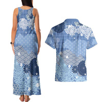 Blue Palaka Japanese Patterns Couples Matching Tank Maxi Dress and Hawaiian Shirt Asanoha Seigaiha Sakura Motif LT14 - Polynesian Pride