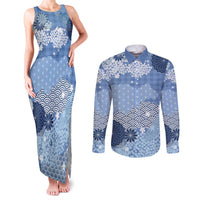 Blue Palaka Japanese Patterns Couples Matching Tank Maxi Dress and Long Sleeve Button Shirt Asanoha Seigaiha Sakura Motif LT14 Blue - Polynesian Pride