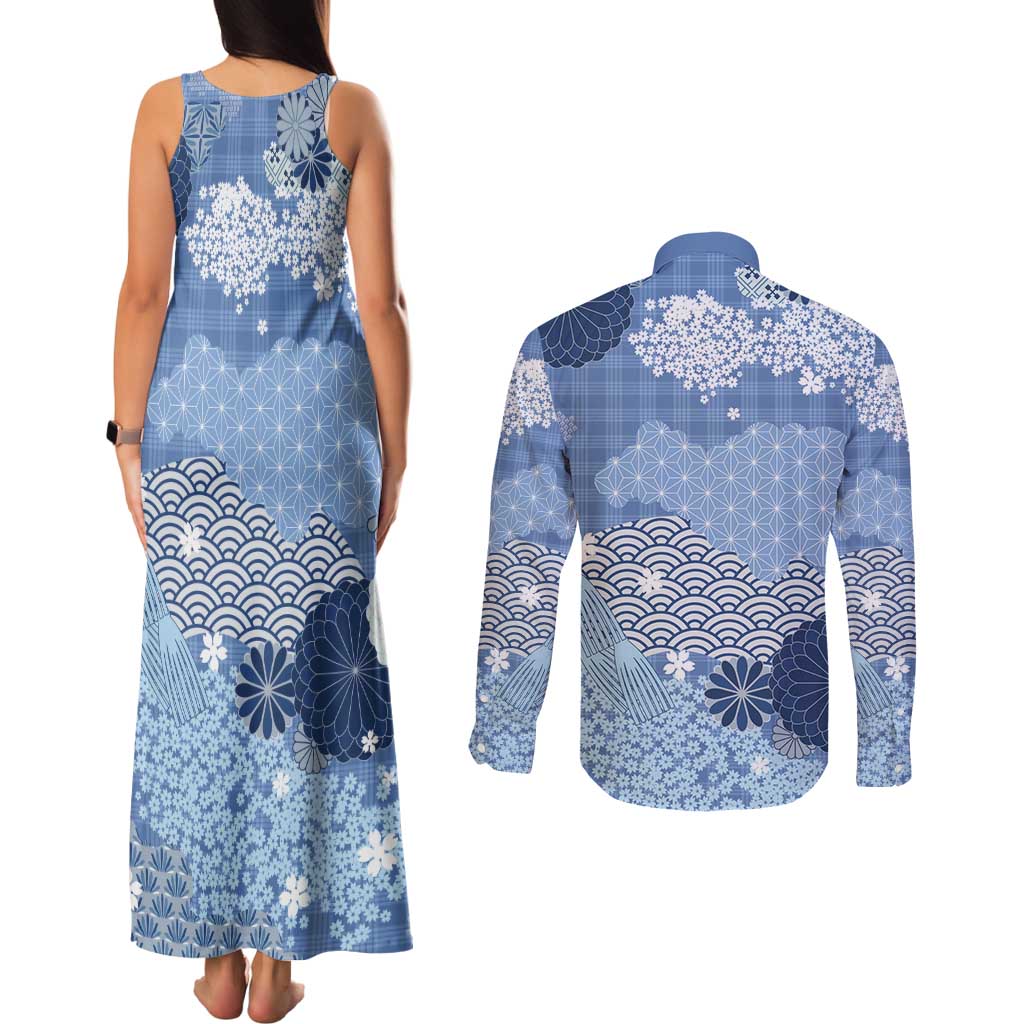 Blue Palaka Japanese Patterns Couples Matching Tank Maxi Dress and Long Sleeve Button Shirt Asanoha Seigaiha Sakura Motif LT14 - Polynesian Pride