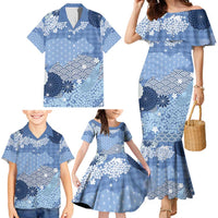 Blue Palaka Japanese Patterns Family Matching Mermaid Dress and Hawaiian Shirt Asanoha Seigaiha Sakura Motif LT14 - Polynesian Pride