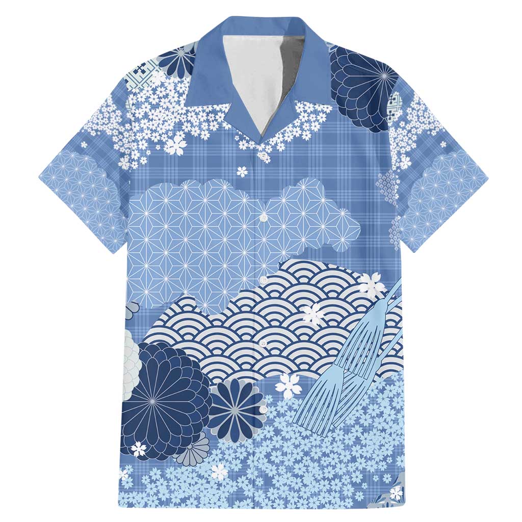 Blue Palaka Japanese Patterns Family Matching Mermaid Dress and Hawaiian Shirt Asanoha Seigaiha Sakura Motif LT14 Dad's Shirt - Short Sleeve Blue - Polynesian Pride
