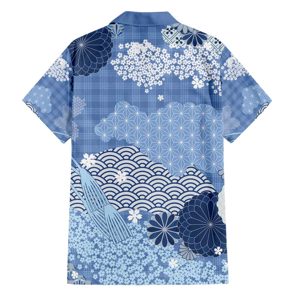 Blue Palaka Japanese Patterns Family Matching Off The Shoulder Long Sleeve Dress and Hawaiian Shirt Asanoha Seigaiha Sakura Motif LT14 - Polynesian Pride
