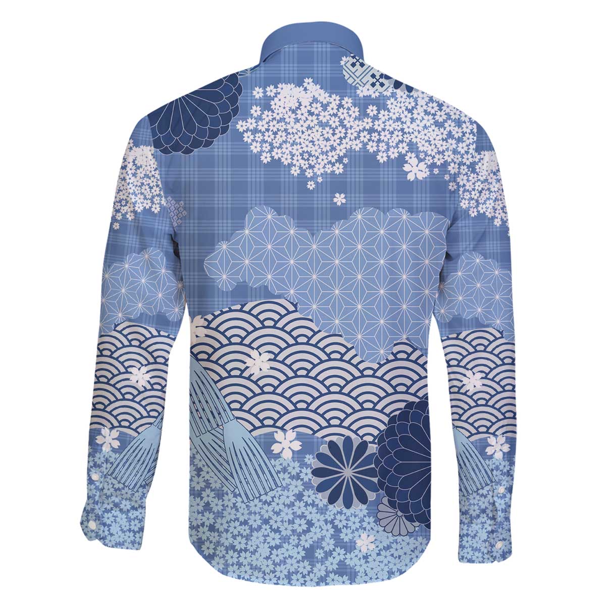 Blue Palaka Japanese Patterns Family Matching Off The Shoulder Long Sleeve Dress and Hawaiian Shirt Asanoha Seigaiha Sakura Motif LT14 - Polynesian Pride