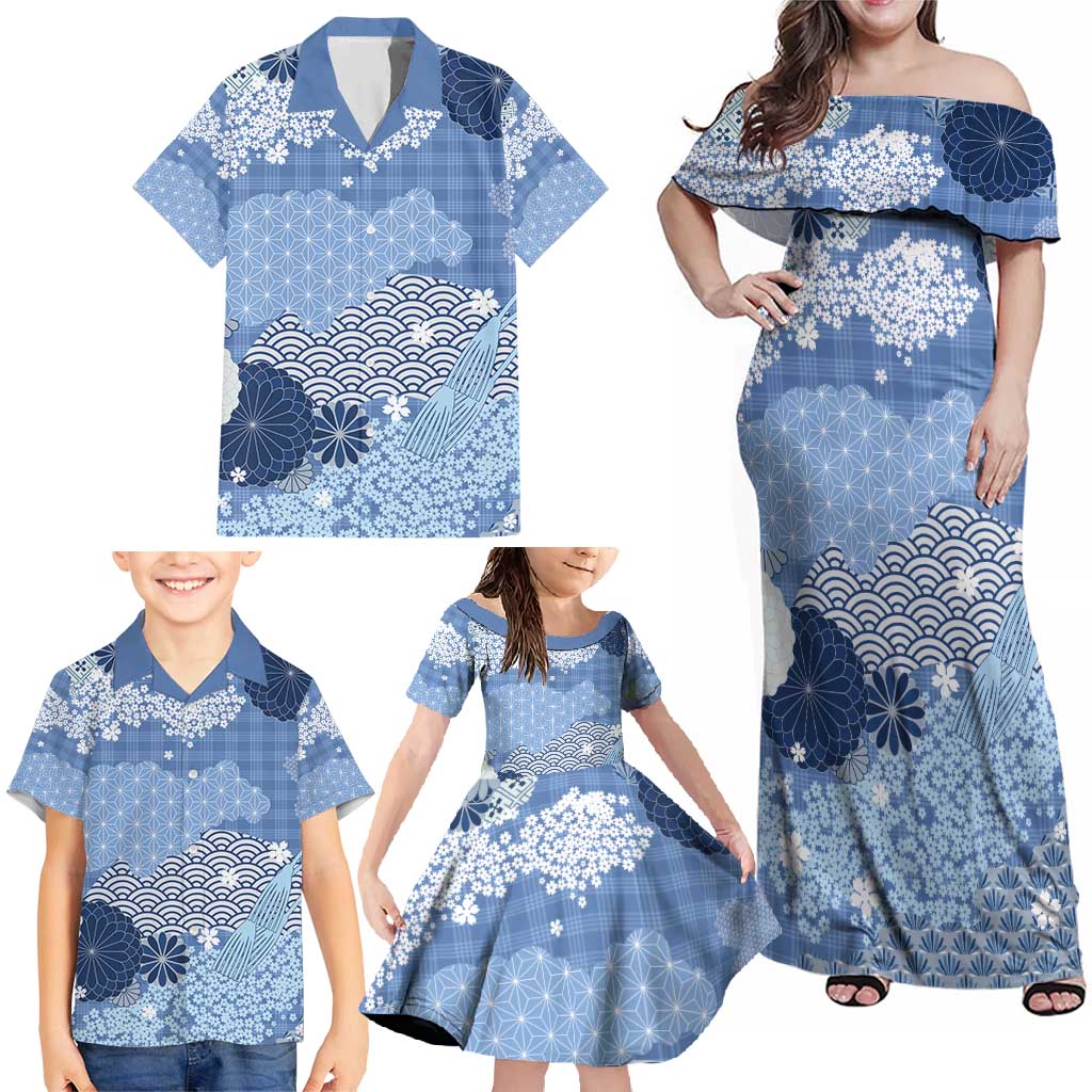 Blue Palaka Japanese Patterns Family Matching Off Shoulder Maxi Dress and Hawaiian Shirt Asanoha Seigaiha Sakura Motif LT14 - Polynesian Pride