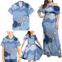 Blue Palaka Japanese Patterns Family Matching Off Shoulder Maxi Dress and Hawaiian Shirt Asanoha Seigaiha Sakura Motif LT14 - Polynesian Pride