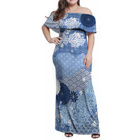 Blue Palaka Japanese Patterns Family Matching Off Shoulder Maxi Dress and Hawaiian Shirt Asanoha Seigaiha Sakura Motif LT14 Mom's Dress Blue - Polynesian Pride