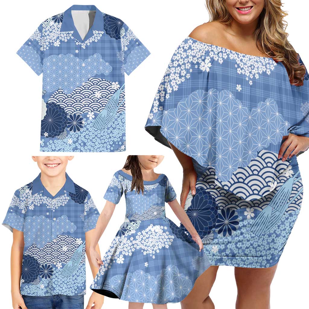 Blue Palaka Japanese Patterns Family Matching Off Shoulder Short Dress and Hawaiian Shirt Asanoha Seigaiha Sakura Motif LT14 - Polynesian Pride