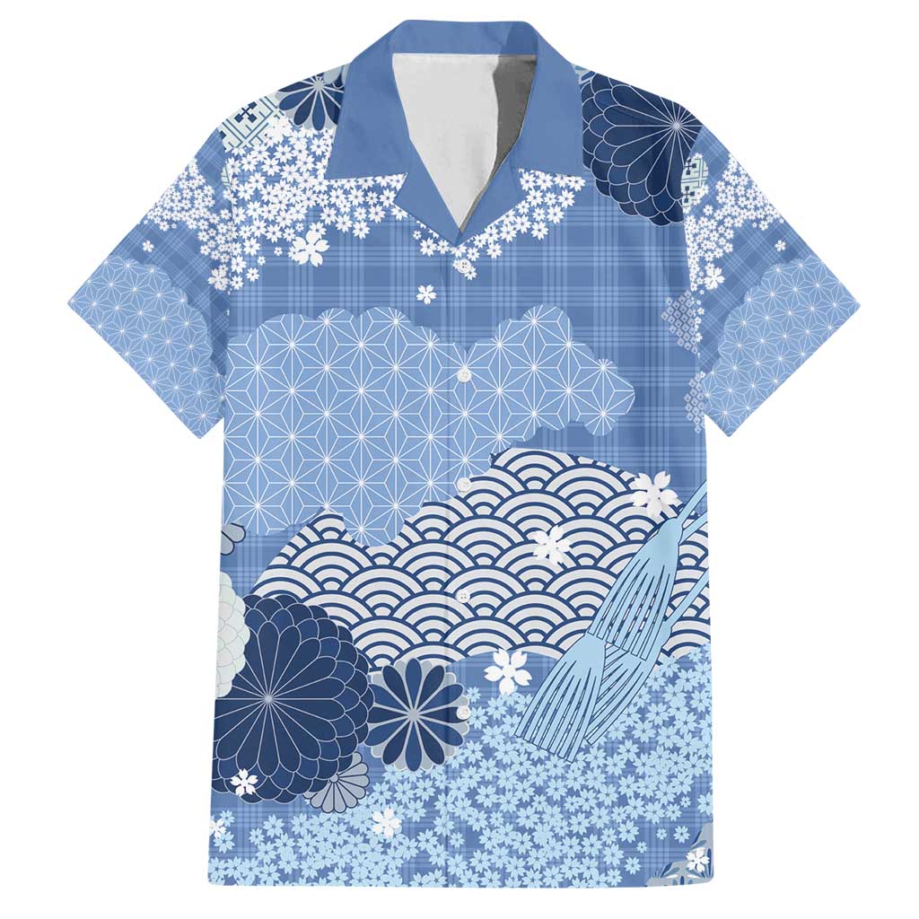 Blue Palaka Japanese Patterns Family Matching Off Shoulder Short Dress and Hawaiian Shirt Asanoha Seigaiha Sakura Motif LT14 Dad's Shirt - Short Sleeve Blue - Polynesian Pride