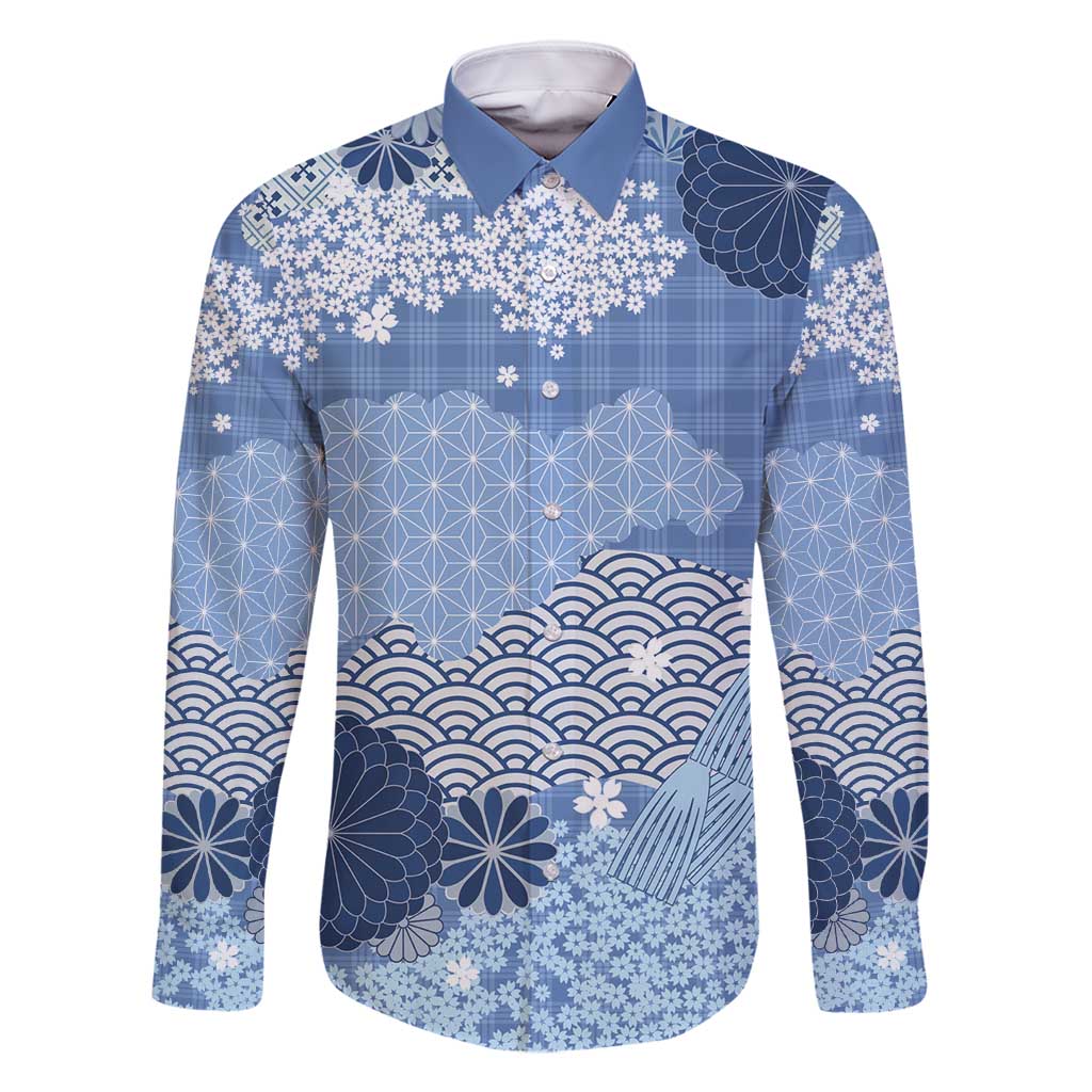 Blue Palaka Japanese Patterns Family Matching Off Shoulder Short Dress and Hawaiian Shirt Asanoha Seigaiha Sakura Motif LT14 Dad's Shirt - Long Sleeve Blue - Polynesian Pride