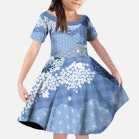 Blue Palaka Japanese Patterns Family Matching Puletasi and Hawaiian Shirt Asanoha Seigaiha Sakura Motif LT14 Daughter's Dress Blue - Polynesian Pride