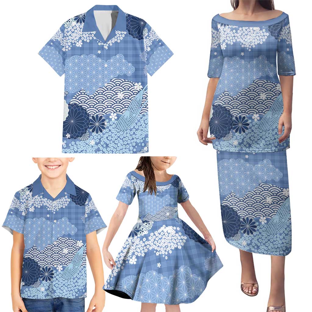 Blue Palaka Japanese Patterns Family Matching Puletasi and Hawaiian Shirt Asanoha Seigaiha Sakura Motif LT14 - Polynesian Pride