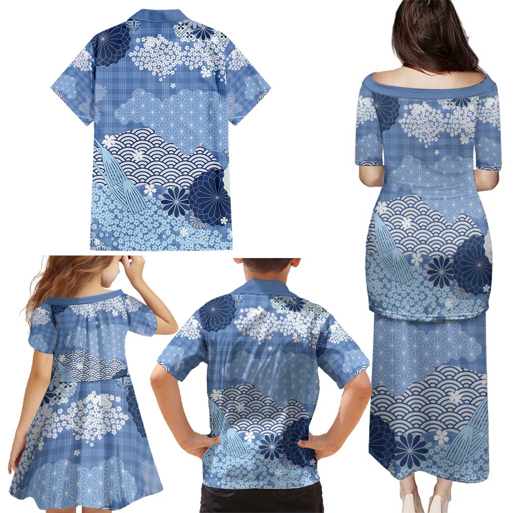 Blue Palaka Japanese Patterns Family Matching Puletasi and Hawaiian Shirt Asanoha Seigaiha Sakura Motif LT14 - Polynesian Pride