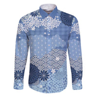Blue Palaka Japanese Patterns Family Matching Puletasi and Hawaiian Shirt Asanoha Seigaiha Sakura Motif LT14 Dad's Shirt - Long Sleeve Blue - Polynesian Pride
