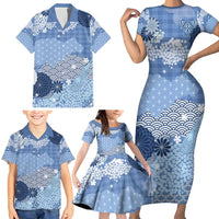 Blue Palaka Japanese Patterns Family Matching Short Sleeve Bodycon Dress and Hawaiian Shirt Asanoha Seigaiha Sakura Motif LT14 - Polynesian Pride