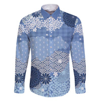 Blue Palaka Japanese Patterns Family Matching Short Sleeve Bodycon Dress and Hawaiian Shirt Asanoha Seigaiha Sakura Motif LT14 Dad's Shirt - Long Sleeve Blue - Polynesian Pride