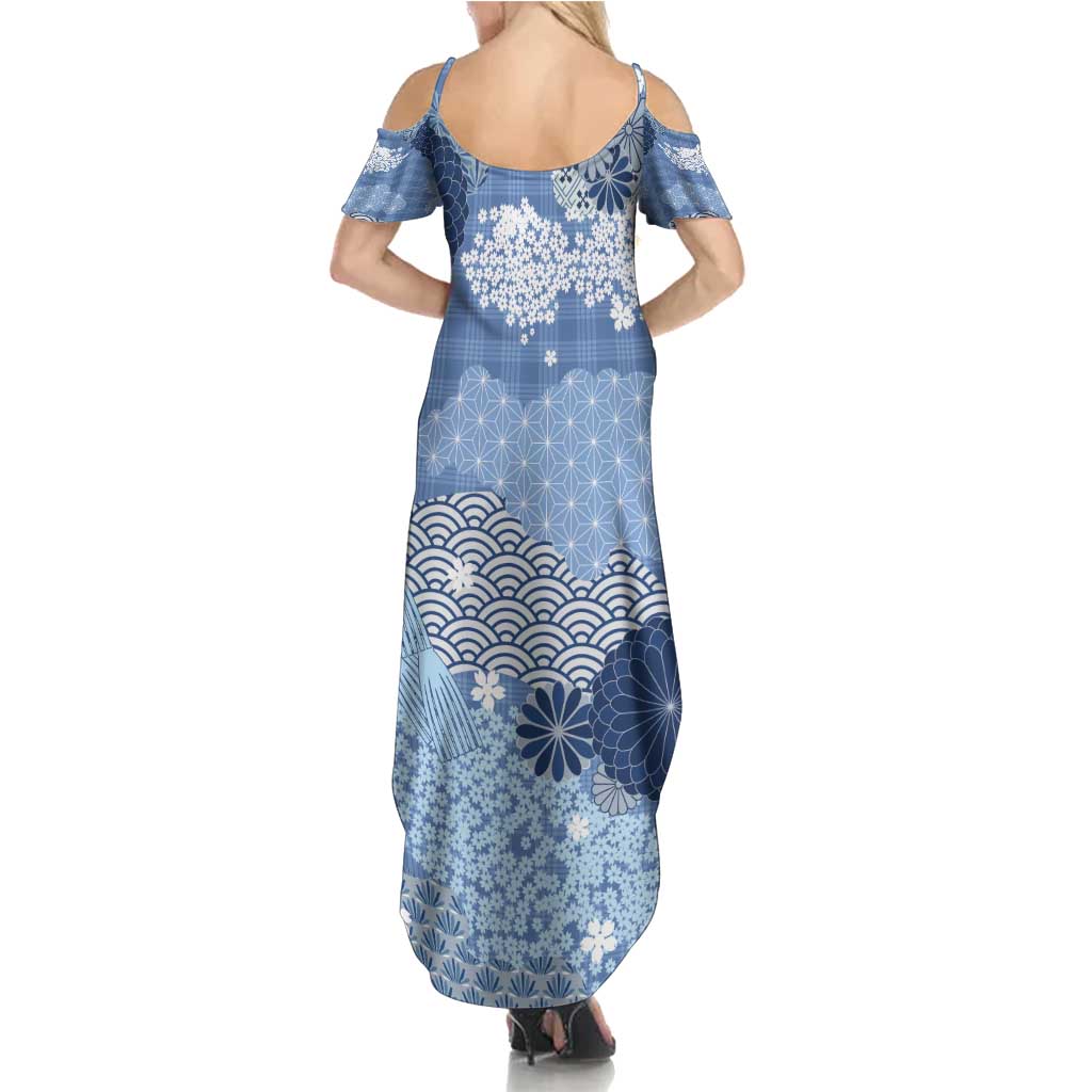 Blue Palaka Japanese Patterns Family Matching Summer Maxi Dress and Hawaiian Shirt Asanoha Seigaiha Sakura Motif LT14 - Polynesian Pride