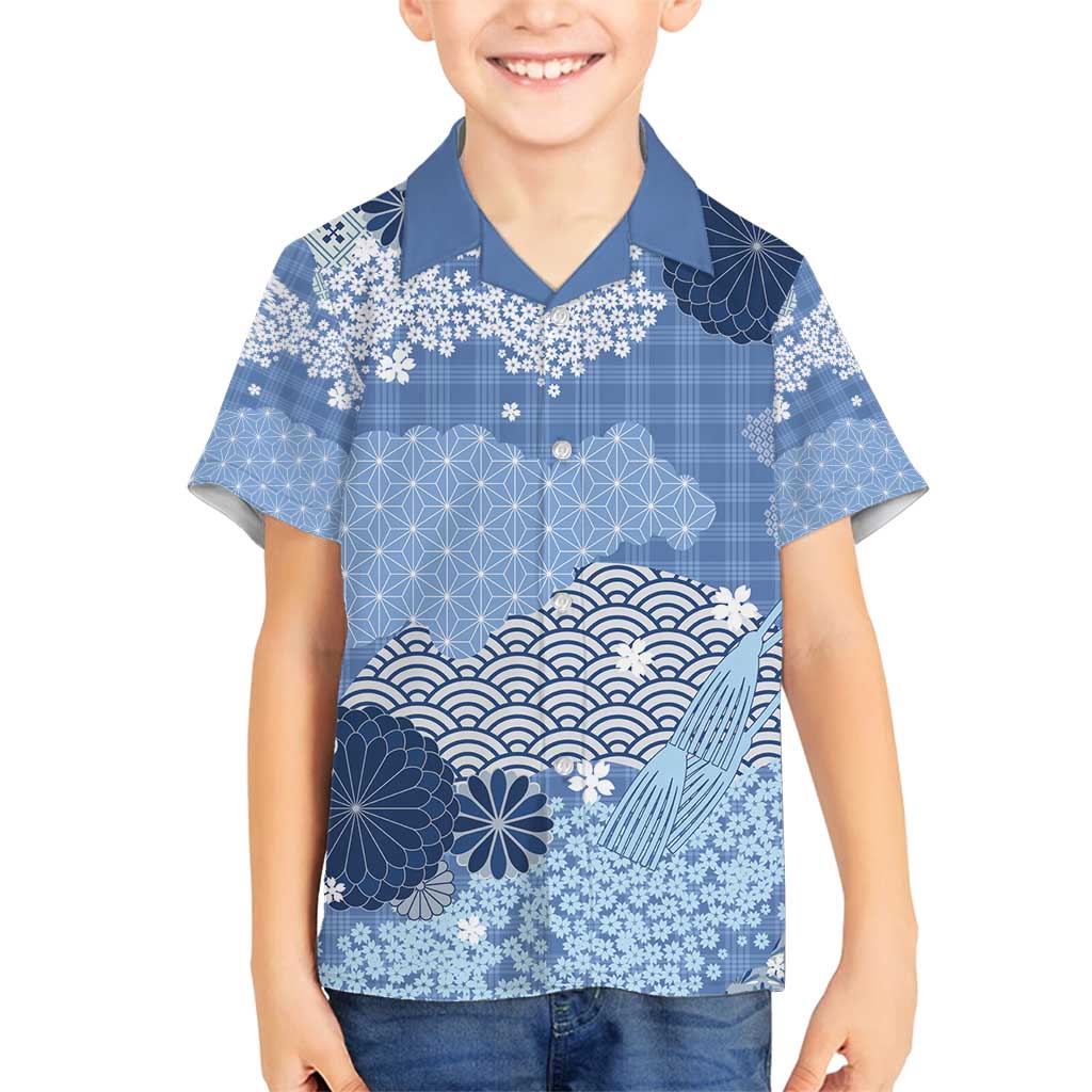 Blue Palaka Japanese Patterns Family Matching Summer Maxi Dress and Hawaiian Shirt Asanoha Seigaiha Sakura Motif LT14 Son's Shirt Blue - Polynesian Pride